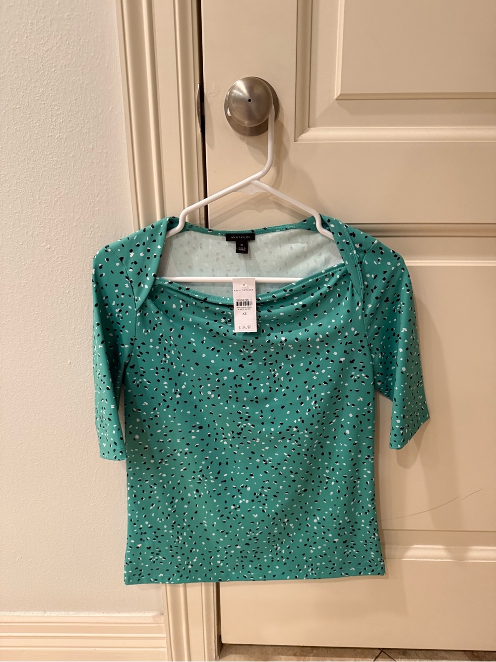 Ann Taylor Teal Short-Sleeve Scoop Neck Top with Black & White Dot Print